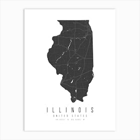 Illinois Mono Black And White Modern Minimal Street Map Art Print