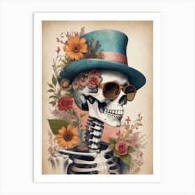 Vintage Floral Skeleton With Hat And Sunglasses (82) Art Print