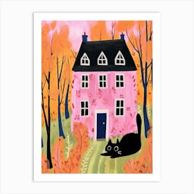 Black Cat Playing And Pink House Art Print