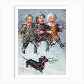 Three Boys Singing Christmas Songs On Snow, With Little Dog In The Front Art Print