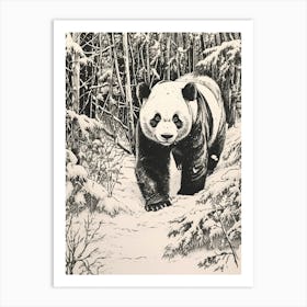 Giant Panda Walking Through A Snow Covered Forest Ink Illustration 2 Art Print