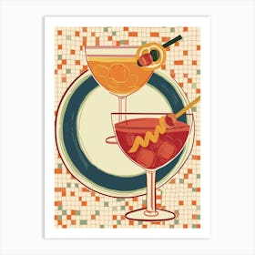 Geometric Cream Red & Orange Cocktails Art Print
