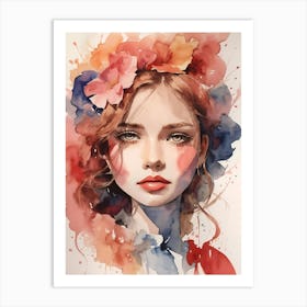 Watercolor Of A Girl With Flowers 2 Art Print