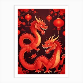 Two Red Chinese Dragons With Golden Accents And Red Lanterns Art Print