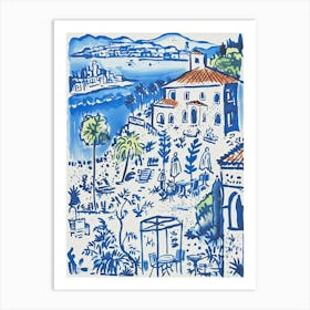 Italy, Amalfi Coast Cute Illustration In Blue 0 Art Print