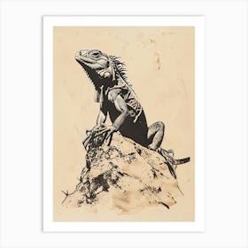 Black Cuban Iguana Block Print 4 Art Print