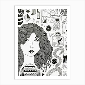 A Woman Thoughts Black And White Line Art Art Print