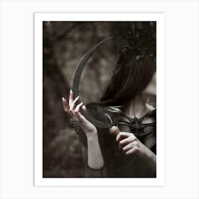 Witch With Sickle Under The Full Moon in the Woods - Vintage Style Photography Woods Witch - Moon Goddess Dark Aesthetic Gothic Witchy Gallery Wall Decor - Forest Witch, Woods Witch Morrigan Calling Hecate Worship Art Print