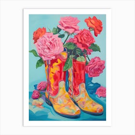 Oil Painting Of Roses Flowers And Cowboy Boots, Oil Style 3 Art Print