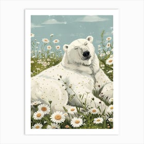 Polar Bear Resting In A Field Of Daisies Storybook Illustration 3 Art Print