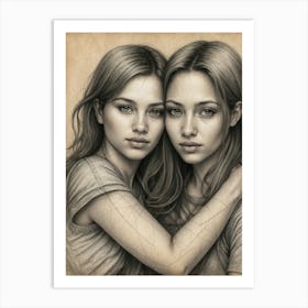 Two Girls Hugging Art Print