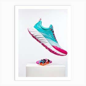 Sneaker With A Turquoise And Pink Leather Design Exuding Flashy Magic Captured Mid Jump With Its S Art Print