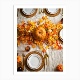 Autumn Themed Dinner Table Centerpiece Of Intertwined Golden Orange Pumpkin Vines Scattered Leaves (3) Art Print