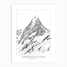 Aoraki Mount Cook New Zealand Line Drawing 3 Poster Art Print