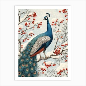 Peacock Snow Scene Vintage 3 Art Print