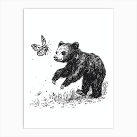 Malayan Sun Bear Cub Chasing After A Butterfly Ink Illustration 2 Art Print