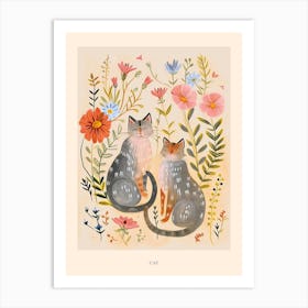 Folksy Floral Animal Drawing Cat 4 Poster Art Print