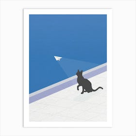 Vintage Minimal Art Cat Watching paper Plane Art Print