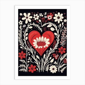 Folky Red & Black Heart Pattern 2 Art Print