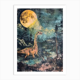 Dinosaur Under The Moon Painting 3 Art Print