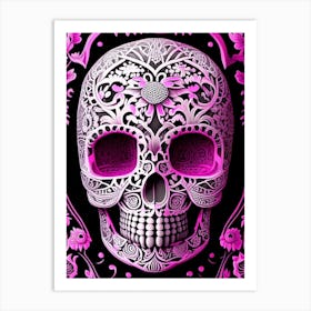 Skull With Mandala Patterns 2 Pink Linocut Art Print