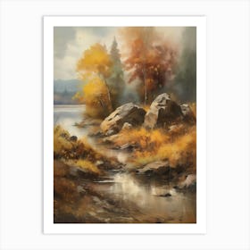 Autumn Lake,Forest Lake, Vintage Oil Painting, Farmhouse Wall Decorations, Antique Landscape, Vintage Landscape Oil Painting.1 1 Art Print