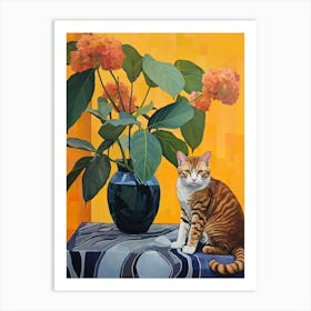 Hydrangea Flower Vase And A Cat, A Painting In The Style Of Matisse 0 Art Print