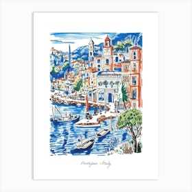 Portofino Illustration Line Art Italy Travel Blue Art Print