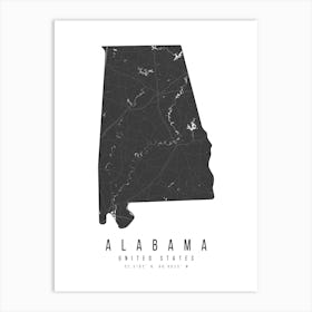 Alabama Mono Black And White Modern Minimal Street Map Art Print