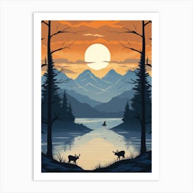 Sunset Landscape With Deer Art Print