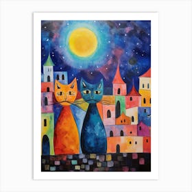 Cats With A Medieval Village Behind In The Moonlight 2 Art Print