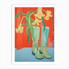 A Painting Of Cowboy Boots With Daffodils Flowers, Fauvist Style, Still Life 4 Art Print