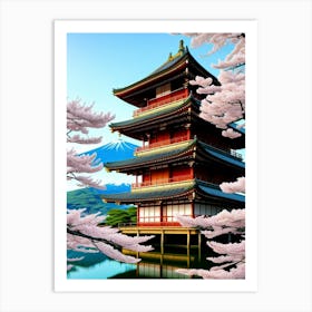 Japanese Pagoda Cherry Blossoms Mount Fuji Japan Art Print