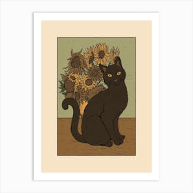 Black Cat And Sunflowers Art Print