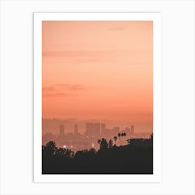 Los Angeles, USA I Sunset light over Los Angeles skyline photography with its vibrant orange aesthetic and palm trees, downtown, villas silhouette panorama view from Hollywood Hill mountains and Griffith Observatory Art Print