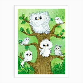 Whimsical Illustration Of A Group Of Friendly Griffon Like Creatures With Fluffy White And Grey Pl Art Print