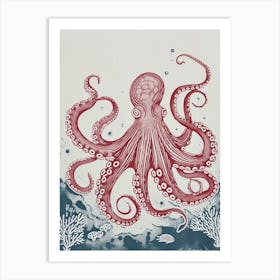 Retro Linocut Inspired Red & Navy Octopus 3 Art Print