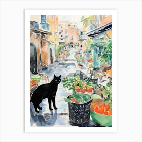 Food Market With Cats In Amalfi 4 Watercolour Art Print