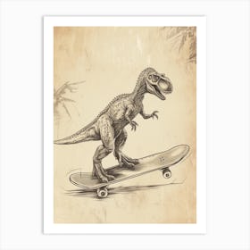 Vintage Carnotaurus Dinosaur On A Skateboard 2 Art Print