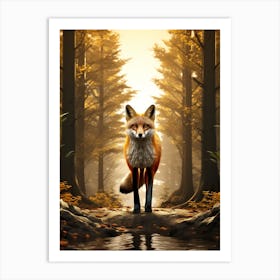 Fox Walking Through A Forest Realism Illustration 2 Art Print