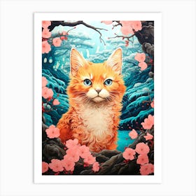 Cat With Cherry Blossoms Art Print