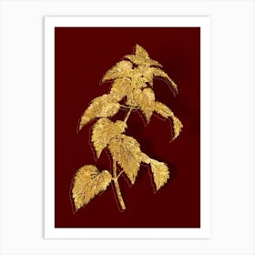 Vintage White Dead Nettle Plant Botanical in Gold on Red Art Print