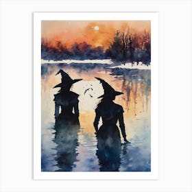 Searching ~ Spectre Witches Wade Through A Creepy Lake at Dawn ~ Witchy Gothic Fairytale Watercolour Pagan Spooky Dusk Dawn Haunting Artwork Painting Art Print