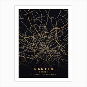 Nantes France Black And Gold Map Art Print