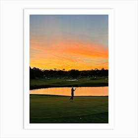 Golfer Mid Swing By A Radiant Sunset Silhouetted On A Serene Golf Course Rolling Hills Backlit By (1) Poster