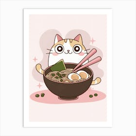 Lo Fi Style - Adorable Round Cat Enjoying Ramen with Pink Chopsticks – Cute Illustration with Soft Pink Background Art Print