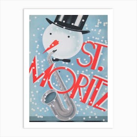 St Moritz Switzerland, Snowman with Saxophone Vintage Poster Art Print