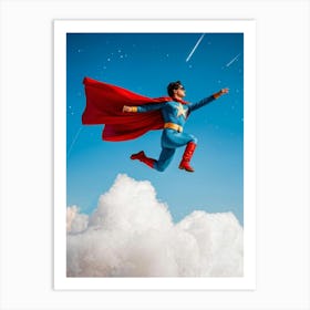 1980s Style Superhero Clad In Vintage Pilot Attire Soaring Above Cloud Banks Cotton White Cumulo (6) Art Print