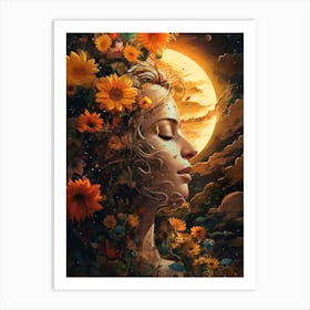 Woman With Sunflowers And Moon On Her Head 2 Art Print