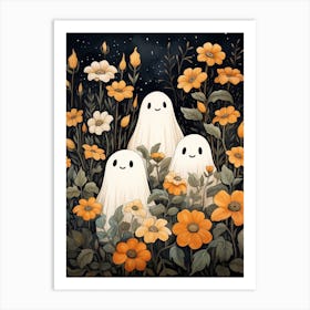 Cute Bedsheet Ghost, Botanical Halloween Watercolour 20 Art Print